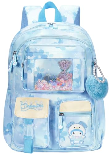 PIEAUWIE Kids Backpack for Girls Cartoon School Bag for Elementary Middle School Students Kawaii Childrens Book Bag (17inch Blue)