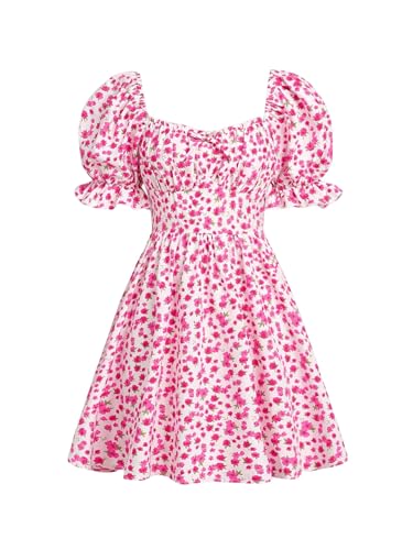 Floerns Girl's Boho Puff Short Sleeve Square Neck Floral Print A Line Dress