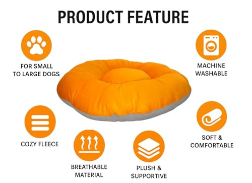 Image of The Pets Company Calming Dog & Cat Bed | Soft Fluffy Donut Reversible, Washable Pet Bed for Puppies | Cozy Plush Anti-Anxiety Cushion |, (L-38 Inch x B-38 Inch x H-6 Inch), Orange & Grey-XLarge