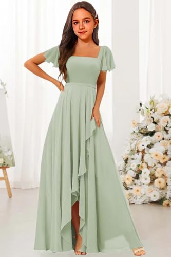 Flutter Sleeves Junior Bridesmaid Dress Square Neck Chiffon Flower Girl Dresses with Ruffles A Line Wedding Party Gown4