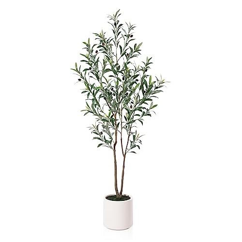 LOMANTO Artificial Olive Trees, 5 ft Tall Fake Olive Trees for Indoor, Faux Olive Silk Tree, Large Olive Plants with White Planter for Home Decor and Housewarming Gift, 1 Pack