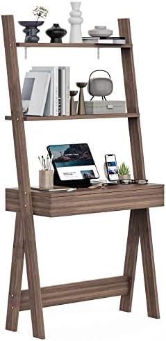 Giantex 3 Tier Ladder Desk with Drawer, 33″ Width Walnut Ladder Shelf with Anti-Tipping Device, Freestanding Bookshelf, Leaning Computer Desk with Shelves for Small Space