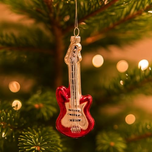 Addobbo Albero di Natale Chitarra Rossa – Decorazione Pendente con Cordino Dorato, Ornamento Musicale per Albero e Collezioni 15cm - Varzi dal 1956