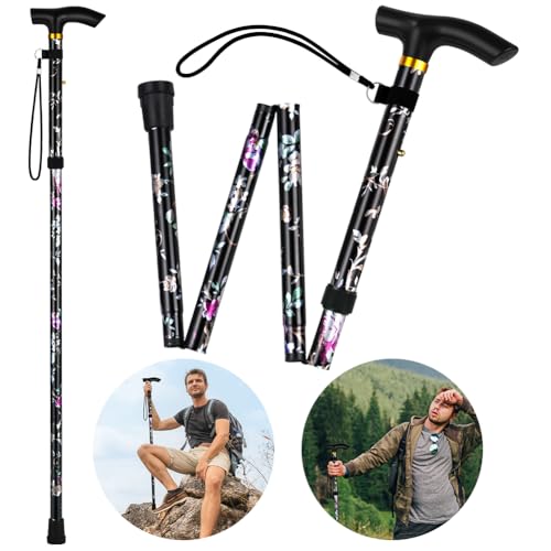 Flintronic Unisex Faltbar Gehstock, Klappbar Bergstock, 5-Stufig Höhenverstellbar, Leicht und Tragbar für Bergsteigen, Wandern, Camping（Schwarzer Druck）