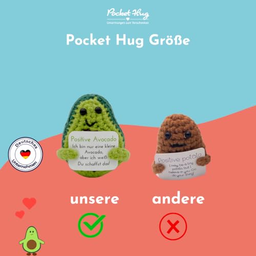 Pocket Hug Positive Avocado · Mutmachergeschenk für Freunde, Familie und Kollegen · Kreative Avocadofigur · Motivationsgeschenk & Glücksbringer deutsch · Handmade Woll-Avocado inkl. Zubehör