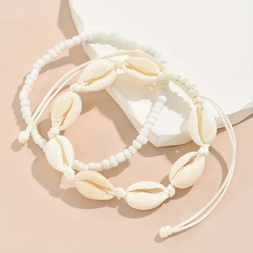 Image of Qceasiy Bead Ankle Bracelets Set For Women, Adjustable Gold Plated Boho Shell Anklet, Hawaiian Beach Seashell Pearl Disc Starfish Conch Foot Jewelry, Summer Fashion Gifts