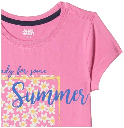 Image of Amazon Brand - Jam & Honey Girls Cotton Graphic Printed Half Sleeves T-Shirt | Regular Fit | Soft & Breathable | Age 2-8 Years (Available in Pack of 5 & Pack of 3)