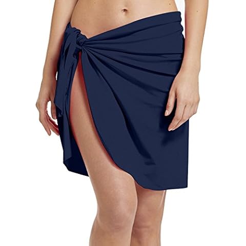 ChinFun Women's Beach Cover Up Luxury Nylon Spandex Sarong Dress Pareo Above Knee Length Bathing Suit Swimming Waist Wrap Non-see Through Navy Cover