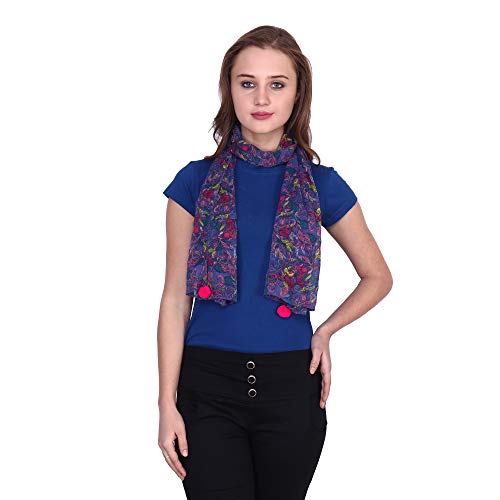 Image of POPWINGS Casual Yellow Printed Chiffon Scarf with pom-pom work