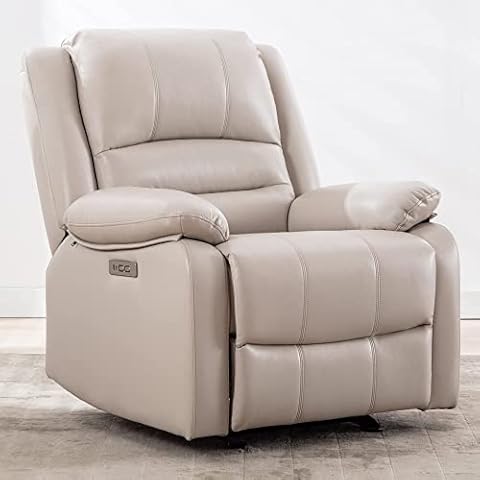 Watson & Whitely Power Recliner Chair for Adults, Faux Leather Electric Glider Reclining Chair for Living Room and Nursery, Upholstered Rocker Recliner with USB Port, Cream Cover