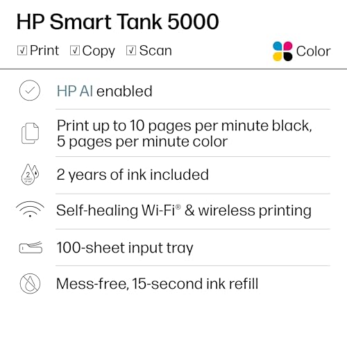 HP Smart Tank 5000 Wireless All-in-One Ink Tank Printer, Scanner, Copier with 2 years of ink included, Best-for-home, Refillable, AI-enabled (5D1B6A) - Image 3