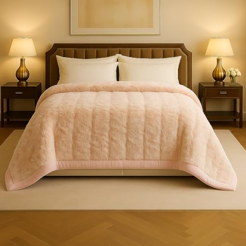 Image of Signature 3-Ply Faux Rabbit Fur Blanket King Size | Ultra Soft Heavy Weight Quilt-Feel Blanket | 6kg Luxury Winter Comforter for Bed Ideal for Heavy Winters (Peach)