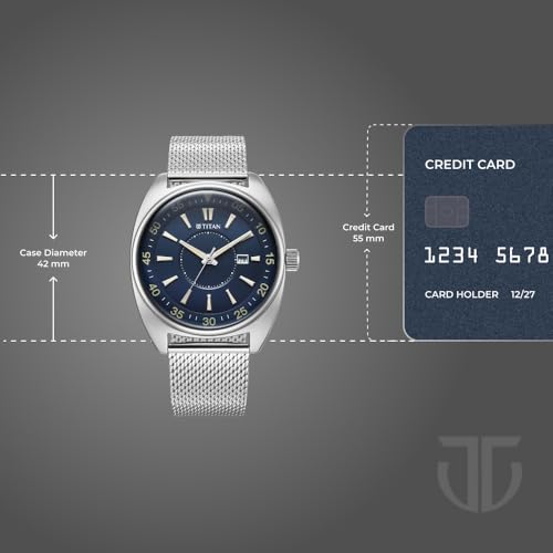 Image of Titan Tonneau Analog with Date and Blue Dial Mesh Stainless Steel Strap Watch for Men - 90211SM01