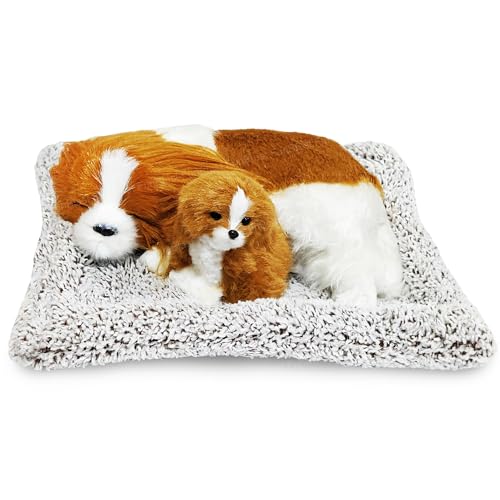 Image of FunBlast Sleeping Cute Dog with Puppy - Realistic Soft & Lifelike Pet Puppy with Bed for Car Dashboard and Home Decor, Sleeping Dog Soft Toy (Brown-White)