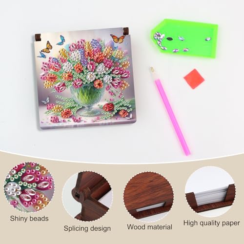 Image of MVVMTOP Diamond Painting Kit memo Box, Diamonds Art DIY Vase and Flowers Patterns Sticky Note Box Special Shape Drill, with 160 Sticky Note, Ideal for Home Office Supplies, Handicrafts, Holiday Gifts