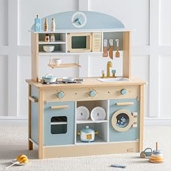 1 of ROBUD Wooden Play Kitchen Set for Kids, Pretend Kitchen Toy | Realistic wooden kitchen playset with stove, oven, microwave, sink and accessories for imaginative pretend cooking fun.