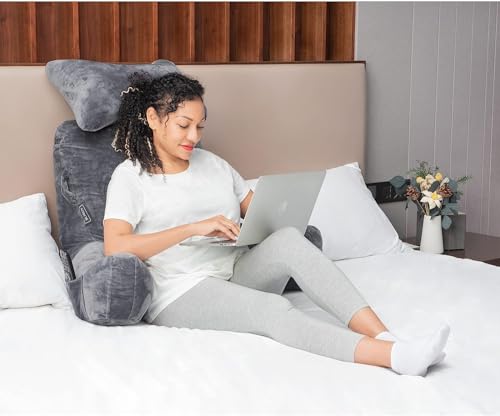 Lesekissen, Extra groß 78,7 cm,Bettruhekissen mit Abnehmbarer Nackenrolle und Armen zum Sitzen im Bett oder auf der Couch, Rückenlehne für Erwachsene, Lesekissen zum Lesen, Fernsehen,Dunkelgrau