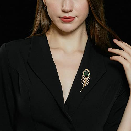 Image of 14K Golden Plated Feather Brooch Pin for Women Men With Simulated Emerald Cubic Zirconia Rhinestone Lapel Suit Badges Brooches Pins Fashion Delicate Corsage Scarfts Jewelry Gifts Wedding Birthday