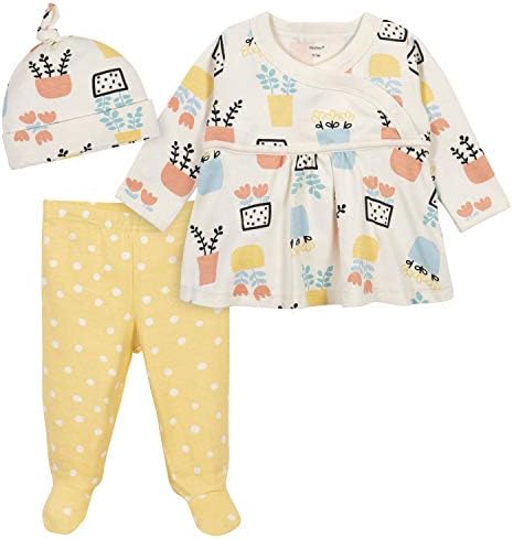 Gerber Baby Girls 3-Piece Shirt, Footed Pant, and Cap Set, Yellow/Ivory, 3-6 Months