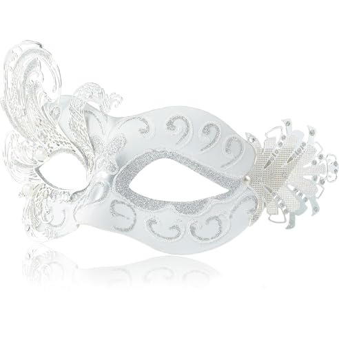 MYSEUNI 2025 New White Masquerade Mask for Women-Peacock Metal Masquerade Venetian Mask Silver- Masks for Women Butterfly - Mardi Gras, Halloween Parties, Costume Party, Carnivals, Wedding