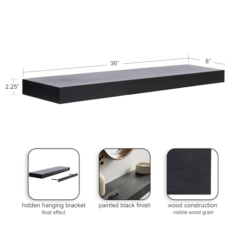 Image of Kate and Laurel Havlock Modern Natural Floating Shelf; 36 x 8; Black; Functional Bathroom and Kitchen Shelf for Storage and Display of Picture Frames or Plants