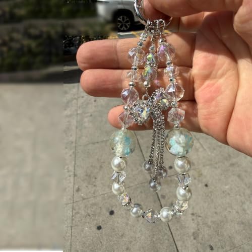 HYZNTLON Y2K Aesthetic Beaded Phone Charm, Clear Faceted Acrylic Anti-Drop Decorative Cell Phone Accessory for Women, Clear Display Box(Crystal-Clear White, Floral Bow Tassel) - 3