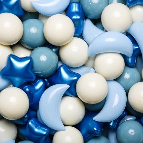 Image of GOGOSO Ball Pit Balls Stars Moon Shapes Plastic Pitballs for Toddler Play Tent Baby Photo Props Kids Pool Water Toys Kiddie Pool Party Decor, Pearl Blue+Cream Blue+White,50PCS