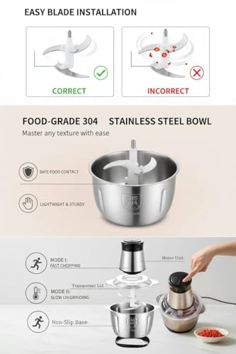 Image of Electric Chopper, Meat Chopper with Stainless Steel Chopper Bowl Heavy 700W Motor - 2 Speed Modes for Kitchen Food Processor, Meat, Vegetables, Onion, Mince (2L)