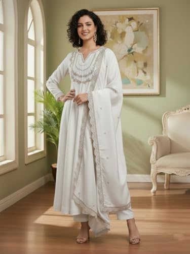 Image of Yashika Women's Silk Blend Embroidered Anarkali Kurta Set with Dupatta | Full Length Ethnic Wear for Women | Wedding