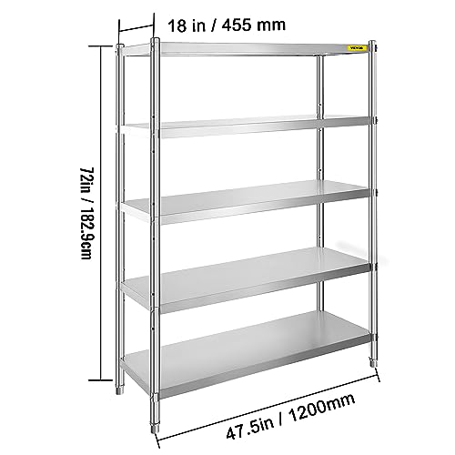 VBENLEM Stainless Steel Shelves 48x18.5 Inch 5 Tier Adjustable Shelf Storage Unit Stainless Steel Rack Shelving Heavy Duty Shelving for Kitchen Commercial Office Garage Storage 330lb Per Shelf
