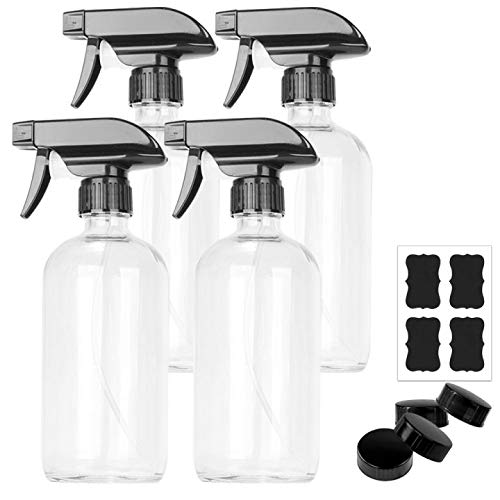 4 Pack 16 oz Clear Boston Glass Spray Bottles,Refillable Trigger Sprayers with Mist & Stream for Essential Oils, Bath, Beauty, Hair & Cleaning Products.Include 4 Durable Caps and 6 Chalk Labels.