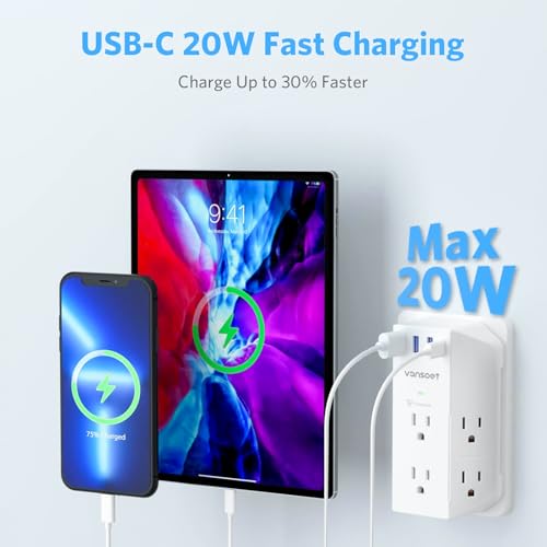 Extensión de toma múltiple Vansoet con 6 salidas y 4 puertos USB (1 USB C PD 20W), protector de sobretensión de 2100J, tomas en 3 lados para viaje, hogar, oficina, dormitorio miniatura 6