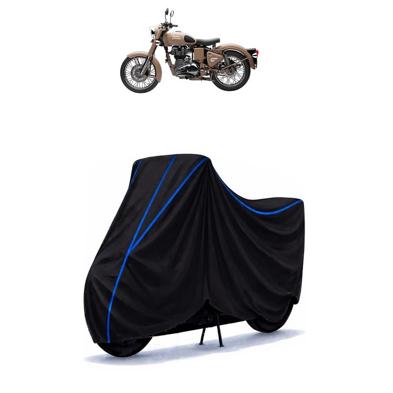 Image of Classic 500 Desert Storm Classic Bike Cover Water Resistant Universal Motorcycle Rain | Heavy Duty UV Protection, Dust, Scratch Indoor Outdoor All Weather with Black Blue Piping Elastic