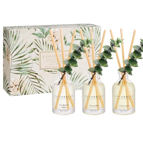 Cocorrina Eucalyptus Reed Diffuser Set of 3 - Eucalyptus & Moss, Clean Linen, Ocean Mist Scents, 1.7 fl oz Each, Total 5.1 oz, Scented Oil Diffusers for Home & Office