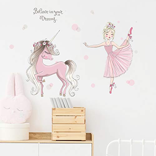 Image of Cute Little Girl Dancing with Unicorn Wall Stickers for Kids Room Bedroom Living Door Study Boho Decoration Sticker Baby Boy Bedroomplayroom Decor, Self-Adhesive, Wall, 60 Cm, 1 Cms
