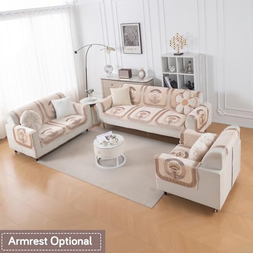 Image of HOKIPO Noor Beige Premium Chenille Jacquard Sofa Cover 6 Seater Set - Washable 3+2+1 Sofa Panel for Seat & Back | 'Royal Aangan Series' (IN-1008 * 2 + IN-1007 * 2 + IN-1006 * 2-L4)