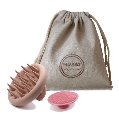 MAVISO® Masajeador Cuero Cabelludo de Silicona + Cepillo Exfoliante Facial + Bolsa de Almacenamiento| Cepillo masajeador cuero cabelludo que estimula el crecimiento del cabello.(Rosa empolvado)