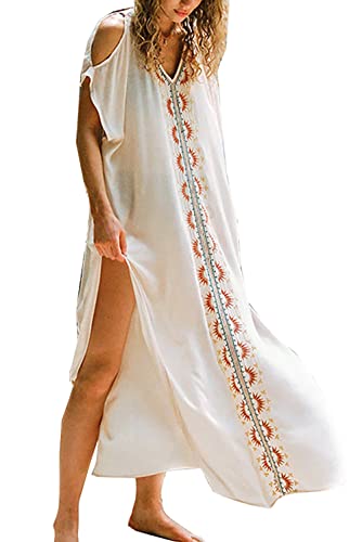 YouKD Summer Embroidered Long Kaftan Bohemian Beach Swimsuit Cover Up Maxi Bathrobes for Women
