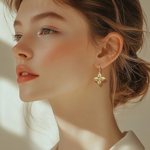 Eloqueen 14K Gold Earrings for Women Gold Dangle Earrings for Women Flower Earring with Cubic Zirconia Elegant and Good Fortunate Four-Leaf Flower CZ Drop Earring for Womens Dangling2