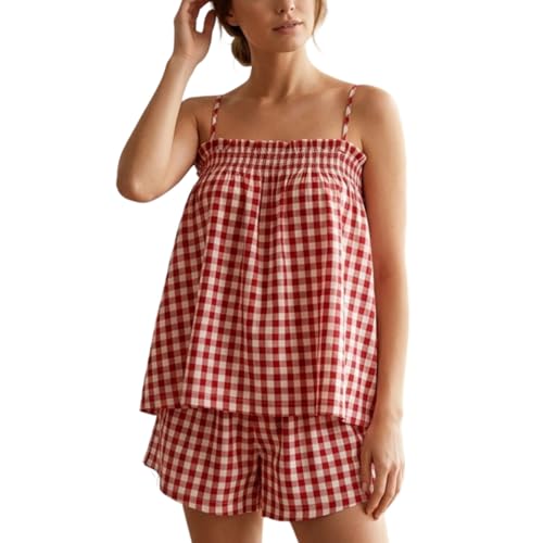 Image of Yuemengxuan Women 2 Piece Casual Lounge Set Sleeveless Strappy Tie Back Cami Top Wide Leg Shorts 2Pcs Summer Pj Set Beachwear