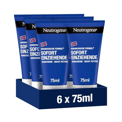 Neutrogena Sofort einziehende Handcreme (6 x 75ml), leichte und nicht fettende Feuchtigkeitscreme mit Glycerin plus Vitamin E bei trockenen, rissigen Händen, Sparset