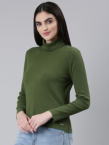 Image of TWIN BIRDS Women Cotton Turtle Neck Ribbed Tee | Full Sleeve Winter Top