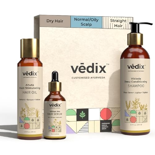 Vedix 3-Step Hair Strengthening Regimen for NormalOily Scalp | Dry & Straight Hair | Amla & Banyan Oil Sulfate-Free Shampoo & Lightweight Serum