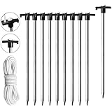 Eurmax Galvanized Non-Rust Camping Family Tent Pop Up Tent Stakes Ice Tools Heavy Duty 10pc-Pack, with 4x10ft Ropes & 1 Black Stopper