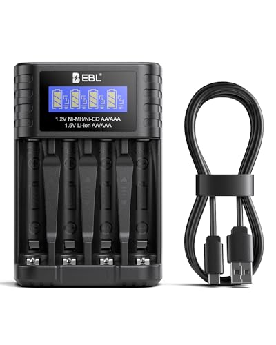 EBL Akku Ladegerät für AA AAA 1,2V NI-MH 1,5V Li-Ionen wiederaufladbare Batterien, Type-C Eingang, Intelligentes Anzeige- und Erkennungssystem, separater Ladeschacht