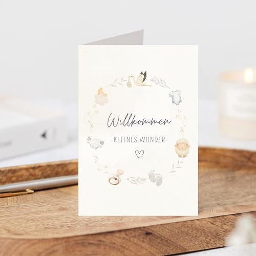 Glückwunschkarte zur Geburt Baby Boho geschlechtsneutral, Grußkarte Willkommen kleines Wunder Aquarell, Beige Baby Karte A6 mit Umschlag Geld Geschenk Junge Mädchen (1 Karte mit Umschlag)
