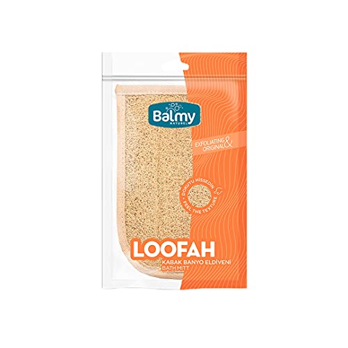 Balmy Natural Loofah Mitt with Terry - Premium Quality Egyptian Loofah Exfoliating Glove, Yellow