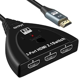 8K@60Hz HDMI Switch 3 in 1 out, 3 Port HDMI 2.1 Switch with 1.2M HDMI Cable, 3x1 HDMI Switcher Selector Support 4K@120Hz, 1080P, 3D for Xbox, PS5/4, Blu-Ray Player, Fire Stick, Roku, HDTV