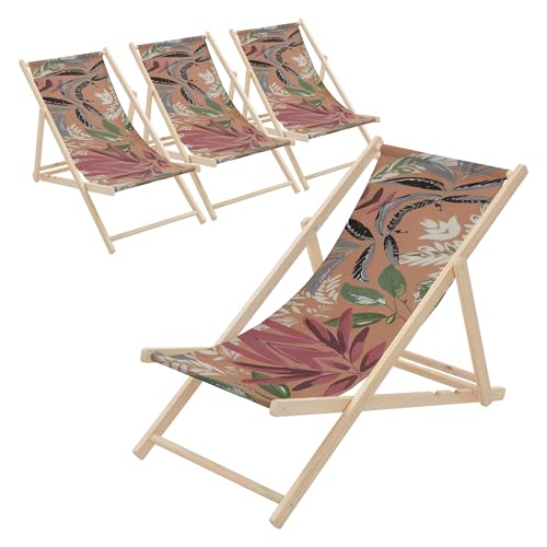 ECD Germany Lot de 4 Chaises Longues Pliantes en Bois Chiliennes, Motif Floral, Marron-Rouge-Vert, Dossier Réglable, 3 Positions de Couchage, jusqu'à 120 kg,...