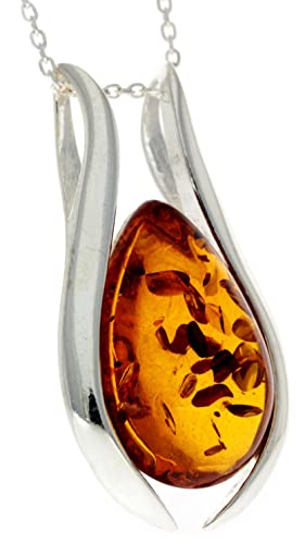 UK - 925 Sterling Silver & Genuine Baltic Amber Large Modern Pendant - GL213V4